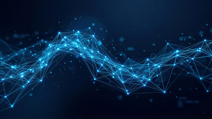 Abstract digital network with glowing nodes and lines on dark background. Ideal for themes of AI, big data, cybersecurity, communication, and futuristic technology. © MDMizanur