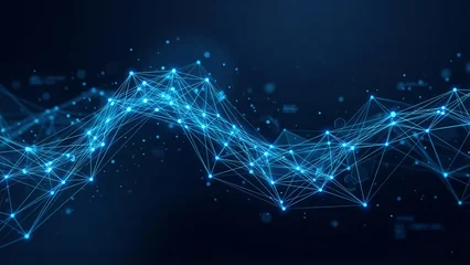 Fototapeten Fraktale Wellen Abstract digital network with glowing nodes and lines on dark background. Ideal for themes of AI, big data, cybersecurity, communication, and futuristic technology.  © MDMizanur