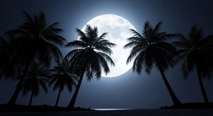 Fototapeta premium Silhouetted palm trees and full moon landscape at night sky backdrop