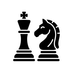 Black chess king and knight piece icons isolated on transparent grid background