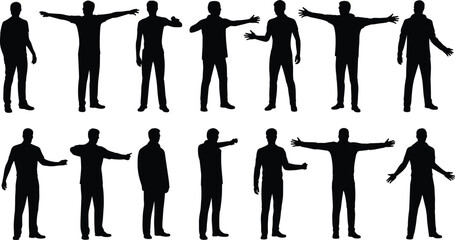 Human silhouettes standing, diverse people poses, arm gesture variations, body language illustration, communication concept, posture reference, group figures, animation design, character study © Enamul
