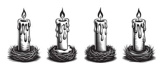 Fototapeta premium Candle burning in bird nest vector illustration set black and white graphic design element