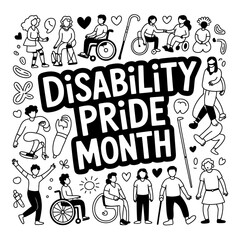 Disability pride month celebration with diverse people in simple doodle style