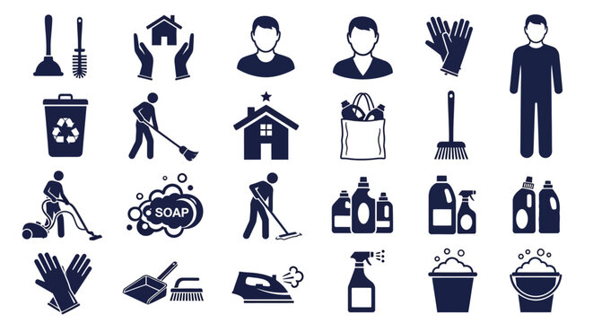 Cleaning icons collection depicting people and objects related to household chores and maintenance tasks in a simple graphic style