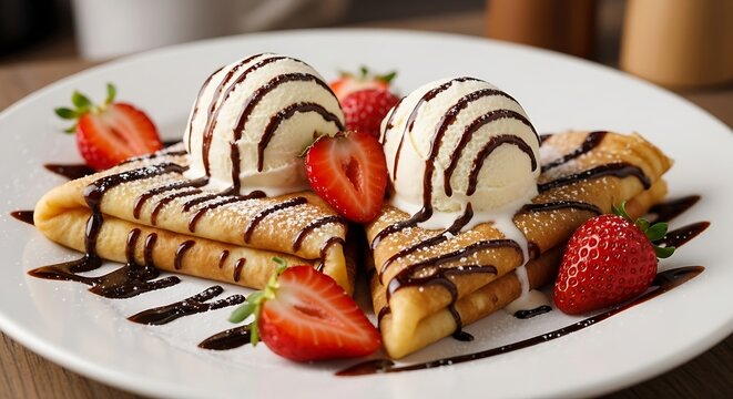 Two golden-brown crepes folded into triangles, topped with scoops of vanilla ice cream.