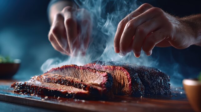 Chef Carving Steaming Barbecued Brisket on Wooden Board