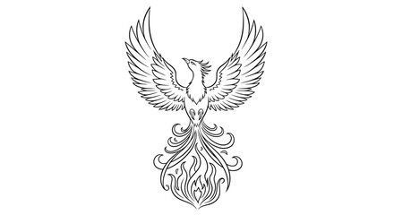 Obraz premium Majestic Phoenix mythical bird line art illustration with spread wings, symbolizing rebirth, strength, and eternity in elegant monochrome drawing.