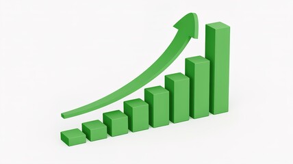 Green bar chart with increasing heights and rising curved growth arrow