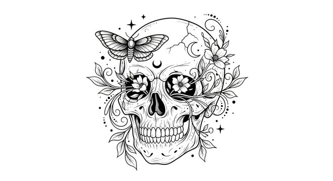 Mystical Skull Illustration with Moth and Floral Elements. Intricate Bohemian Gothic Line Art Drawing featuring Flowers and Stars.