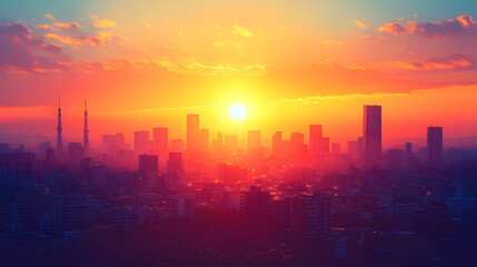 Fototapeta premium Silhouetted buildings under a warm sunset sky.