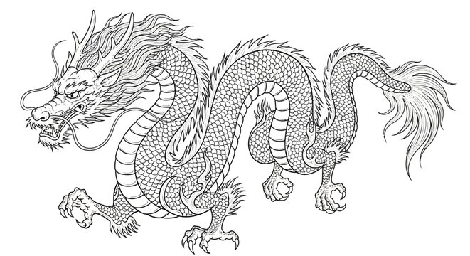 Detailed traditional Chinese dragon line art illustration, mythical creature outline drawing, oriental fantasy animal graphic