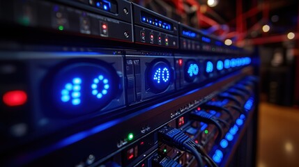 Obraz premium Close - up of Server Rack with Illuminated LED Indicators and Cables