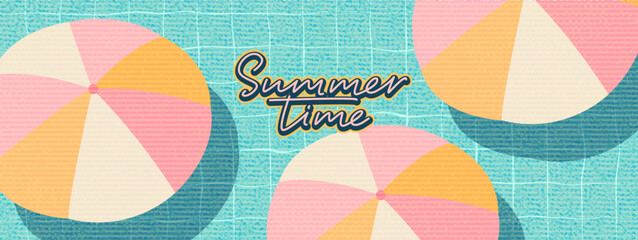Obraz premium Swimming pool with colorful umblellas. Retro vector summer design. Fresh water, tiles. Summer time lettering. Vacation resort mood. 