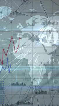 Vertical video: Flare sweeping, map showing Africa, Europe, tracing red blue trends for analysis