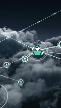Vertical video: Center avatar pulsing ring causing nodes linking and forming network over clouds