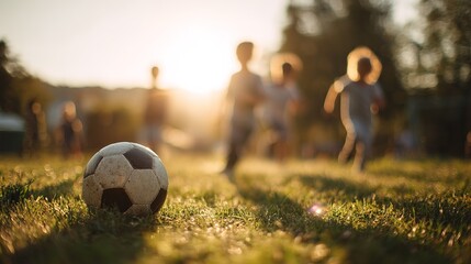 Naklejka premium Group of happy children running towards soccer ball in sunlit field at sunset