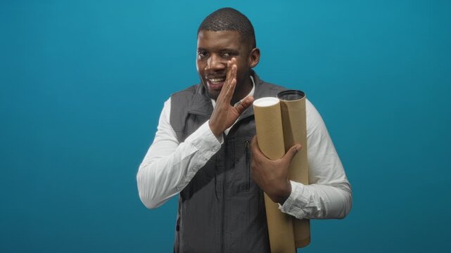 Man holds rolled blueprints under arm while pressing hand to mouth as if whispering in studio; planning determination focus.