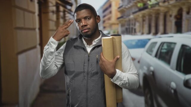 Man holding rolled blueprints and wearing a grey vest, finger to temple while standing beside a parked car on an urban street; determination planning.
