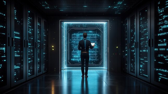 IT Professional in Server Room with Digital Interface