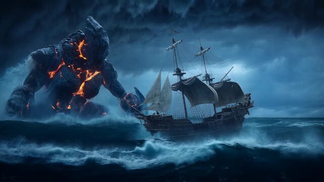 A giant robot emerging from the ocean to attack a sailing ship.