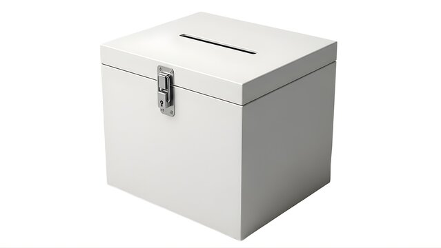 A white metal ballot box with a silver latch on transparent background