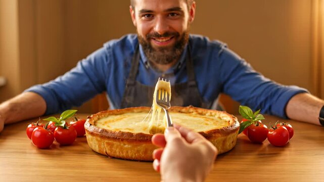 Happy bearded man in apron smiles while a fork pulls melted, stringy cheese from a freshly baked deep-dish savory pie, garnished with cherry tomatoes and basil.