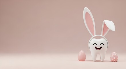 Obraz premium Cute smiling tooth character as easter bunny with headphones and colorful eggs. Fun dental hygiene concept for easter holiday celebration and oral health awareness