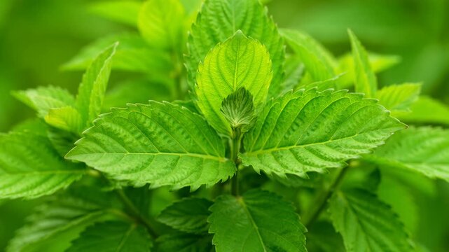 Vibrant green foliage closeup showcasing new growth and deeply textured serrated leaves against a soft, natural bokeh background.