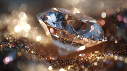 Close-up of a sparkling diamond resting on a bed of glittering gold and silver particles, showcasing intricate facets and reflections in a soft-focus background