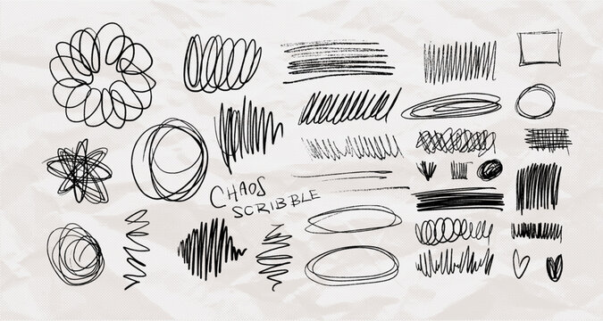 Childish pencil doodle elements pack. Freehand messy scribbles, squiggly lines, hearts and circles on crumpled paper. Expressive abstract pen scrawl set for creative kids design and school notes.