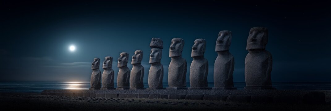 Moai statues on Easter Island watching rising moonlight. Ancient Moai statues standing by the ocean under a night sky with bright moonlight