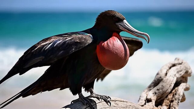 Male Frigatebird with Inflated Pouch on Beach Driftwood