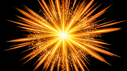Estallido de estrella dorada con destellos brillantes, partículas de luz y rayos radiantes sobre...