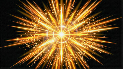 Estallido de estrella dorada con destellos brillantes, partículas de luz y rayos radiantes sobre...
