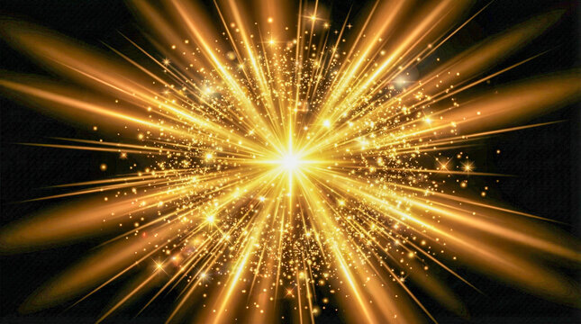 Estallido de estrella dorada con destellos brillantes, part&iacute;culas de luz y rayos radiantes sobre un fondo negro profundo. Un efecto visual de celebraci&oacute;n, energ&iacute;a y elegancia.