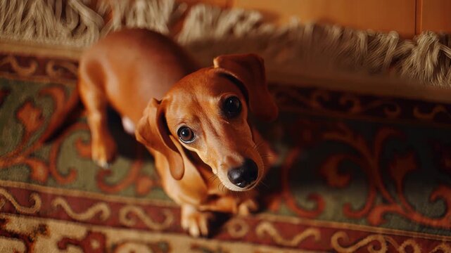 Adorable brown dachshund on a patterned carpet.
