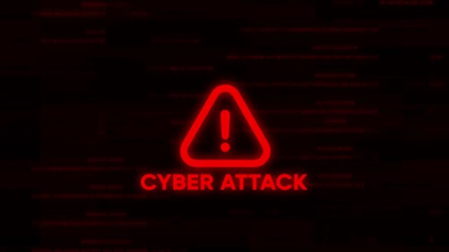 Cyber Attack Warning Sign Red Alert Exclamation Mark on Dark Background with Code cyberattack