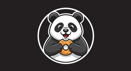 Cartoon panda holding donut on black © Zero