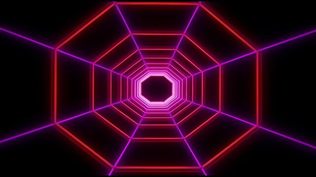 Flying through an endless neon octagon tunnel with purple and red lights