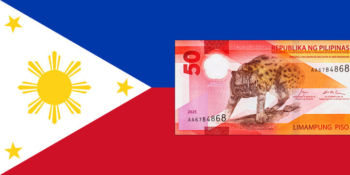 50 Piso Philippines, New Polymer Note 2025 with Visayan Leopard. Philippine Money. National Flag of the Philippines.