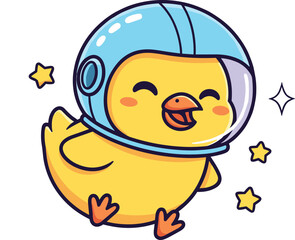 Cute cartoon yellow chick wearing a blue astronaut helmet floating in space with gold stars and a happy smiling expression