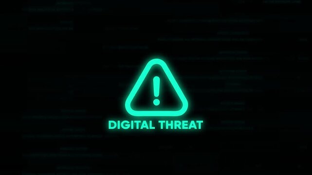 Digital Threat Warning Sign Neon Cyber Security Alert Symbol on Black Background with Code neon alert