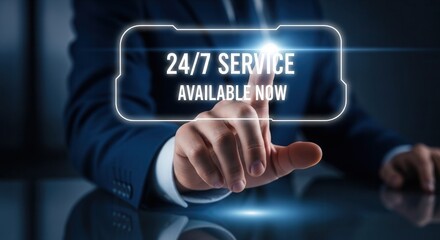 Obraz premium Businessman pointing at virtual 24/7 service available now interface. Concept of round the clock customer support, digital assistance, global business solutions, and technical accessibility.