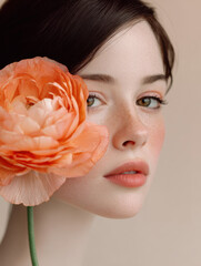 Fototapeta premium Portrait of Woman with Peach Ranunculus Flower - Soft Natural Beauty, Freckles, Minimalist Aesthetic