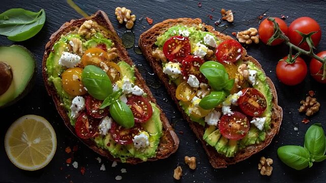 Gourmet Avocado Toast with Feta Cherry Tomatoes and Walnuts on Crispy Bread