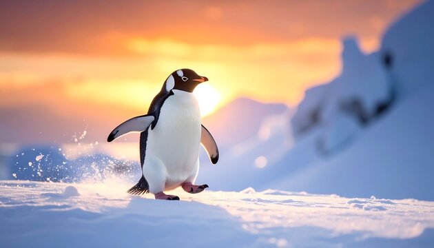 Penguin strides on snow under a bright, golden sunset.  Icey terrain stretches into the distance