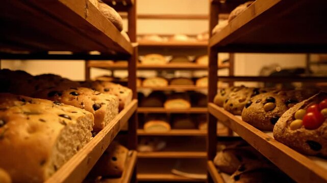 Artisan bread loaves displayed on wooden shelves in a warm-lit bakery or storage room.
