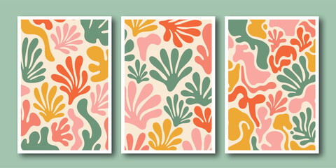 Set of three abstract aesthetic posters with organic botanical shapes in matisse cut out style for wall art © Arshad