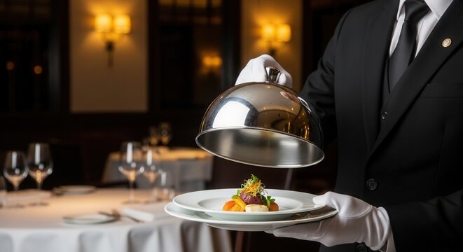 Professional waiter in tuxedo serving gourmet dish under silver cloche in luxury restaurant. Fine dining experience, high-end catering, culinary excellence and premium restaurant service.