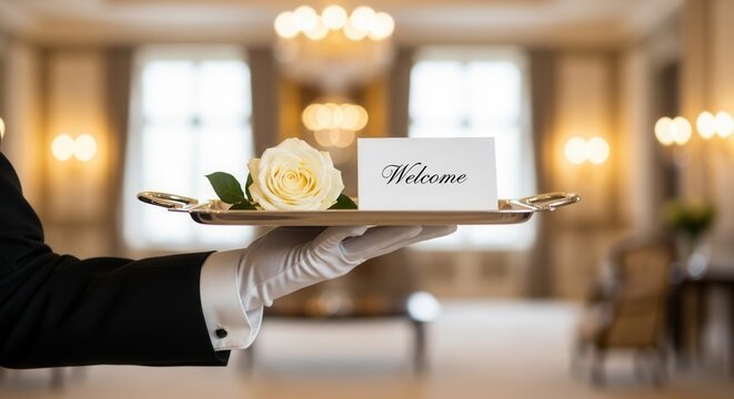 Luxury hotel concierge service with white rose and welcome card on silver tray held by butler in white gloves. Premium hospitality, elegant reception and five star guest greeting concept.